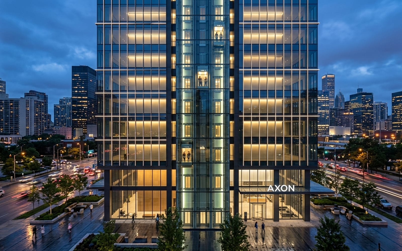 Elevator installation on a commercial building exterior