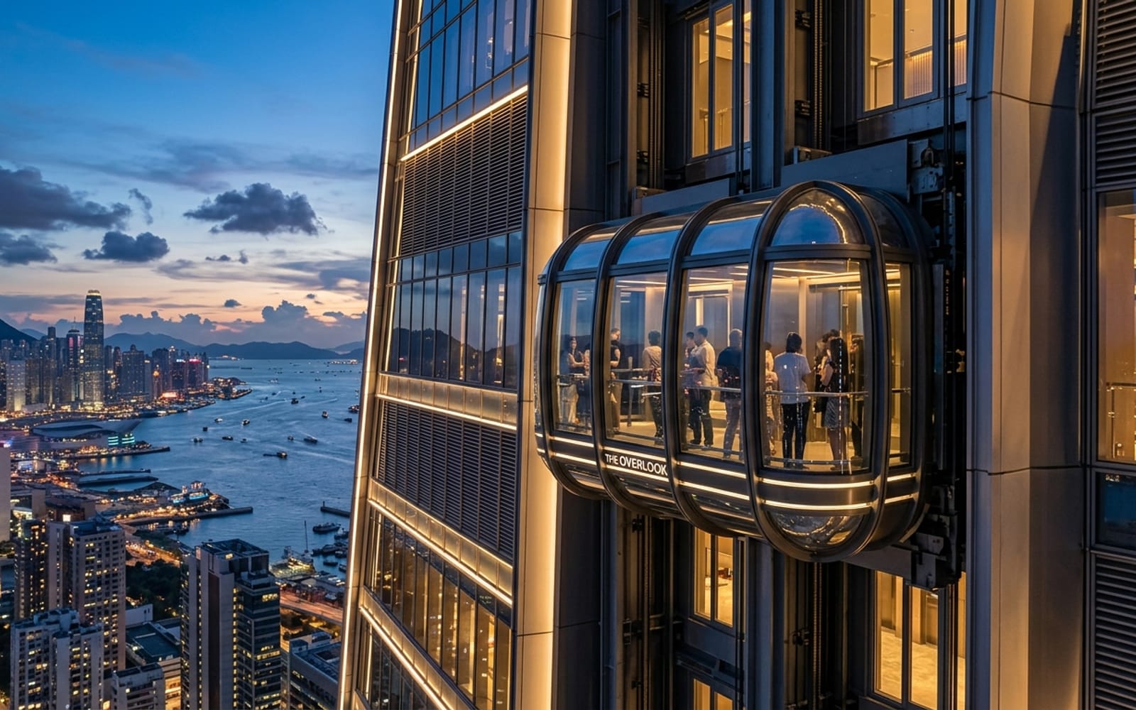 Glass capsule observation elevator on a building exterior