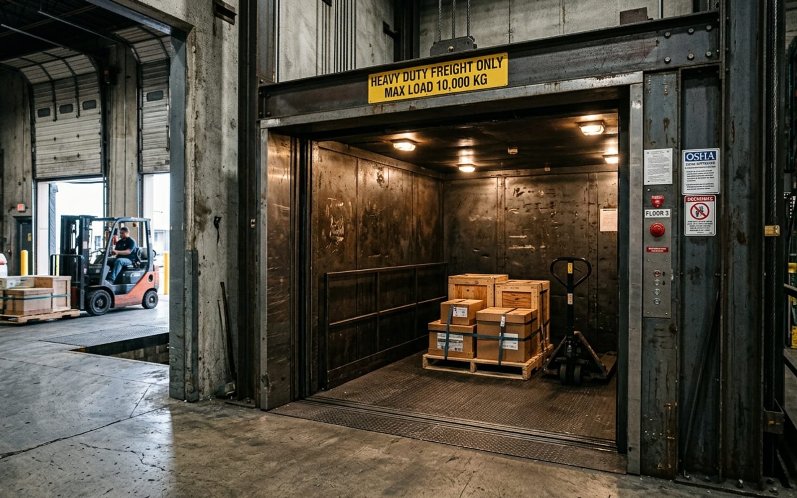 Heavy-duty goods cargo elevator with reinforced steel doors