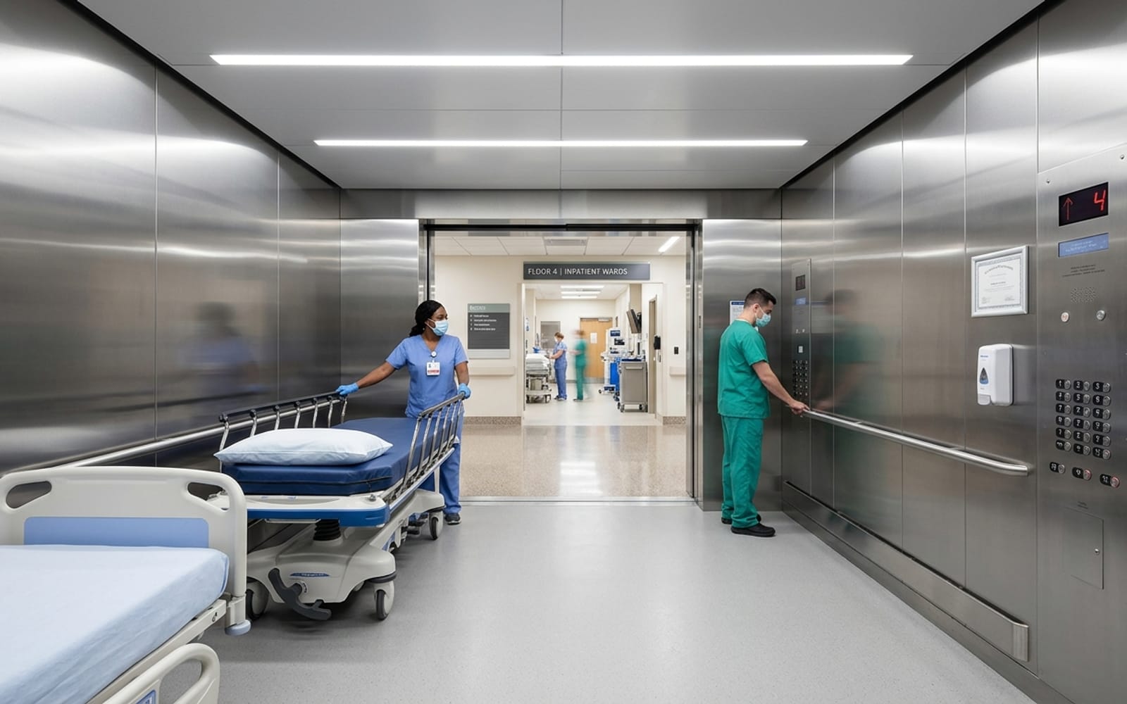 Hospital stretcher elevator with wide medical-grade cabin