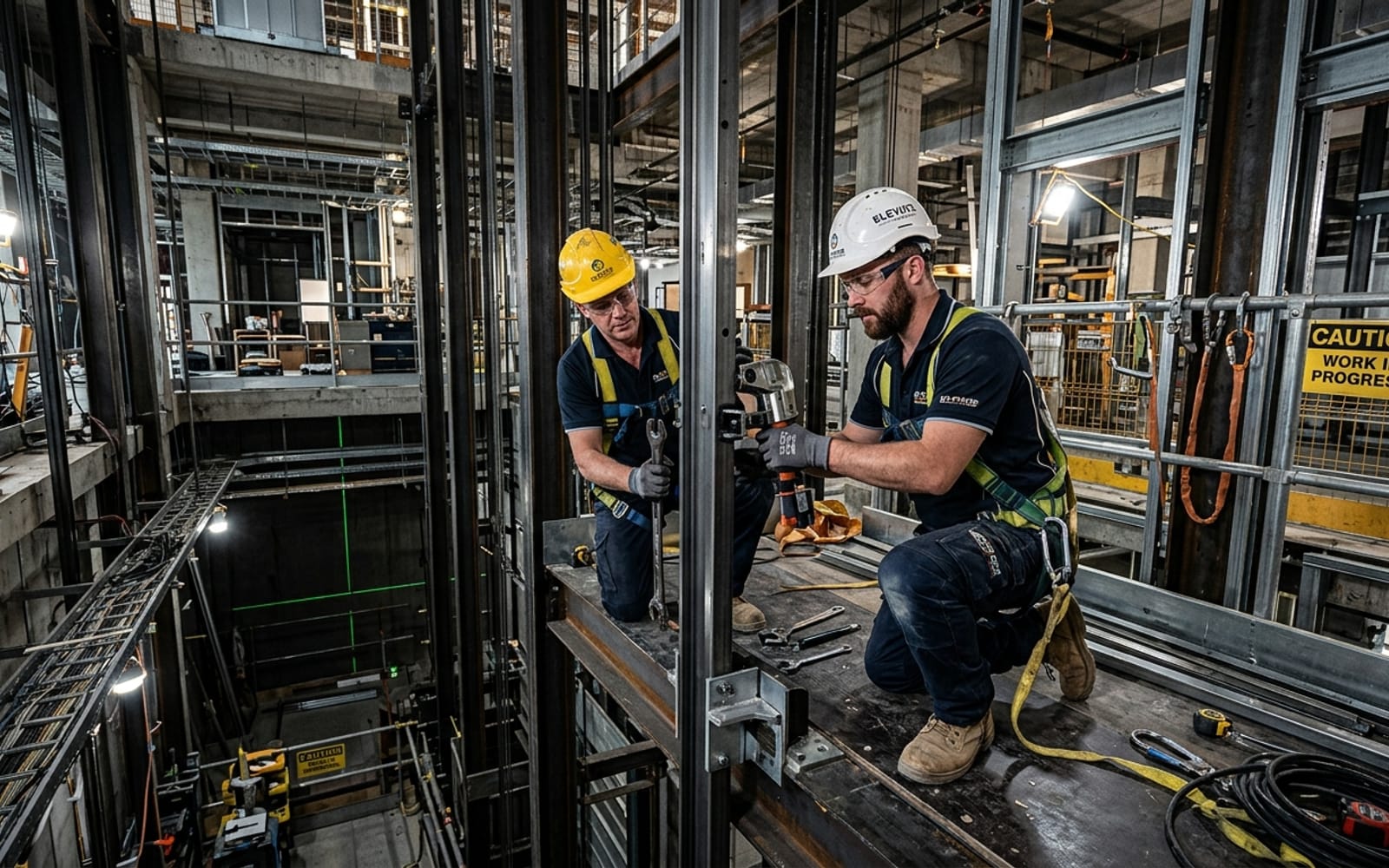 Elevator installation engineering work on a lift shaft