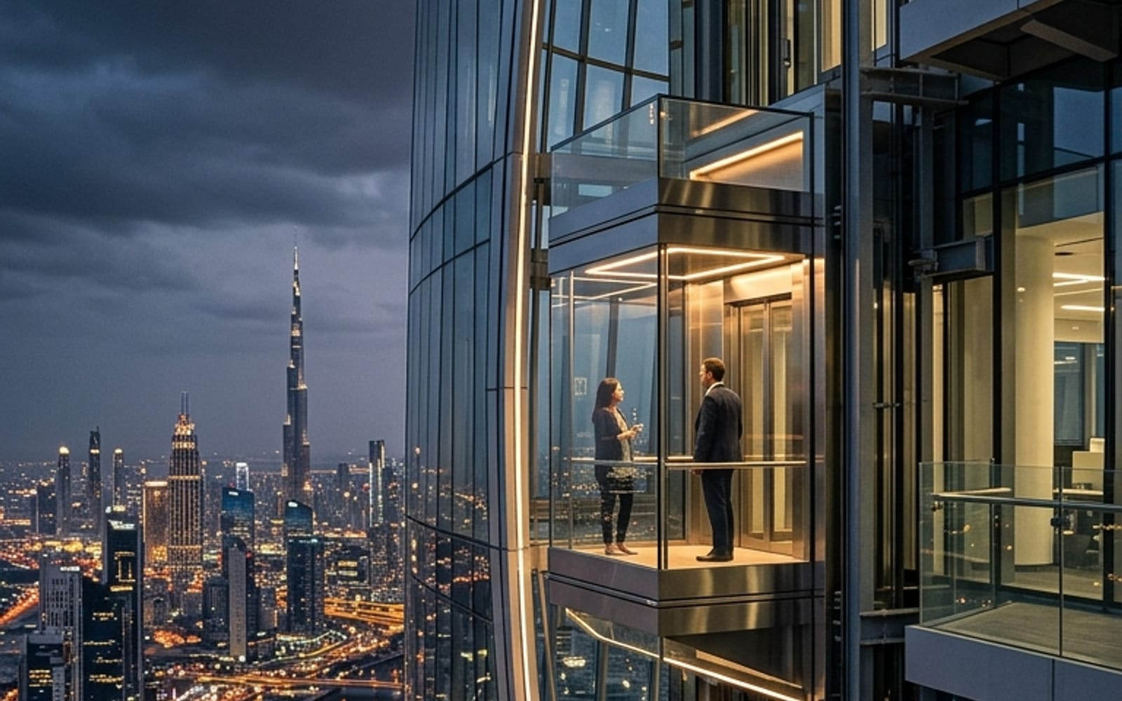 Panoramic glass elevator with transparent cabin on a skyscraper